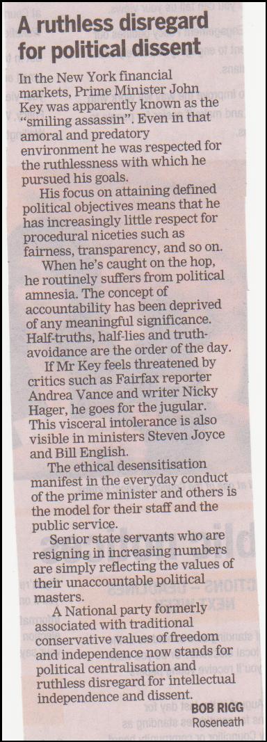 Bob Rigg letter to the editor Dominion Post 6 August 2013